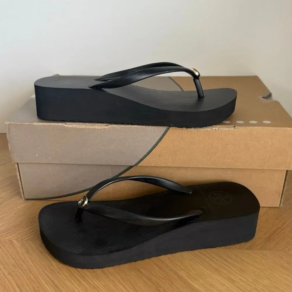 Tory Burch Black/Gold Women Slip On Wedge Sandals- SZ 7